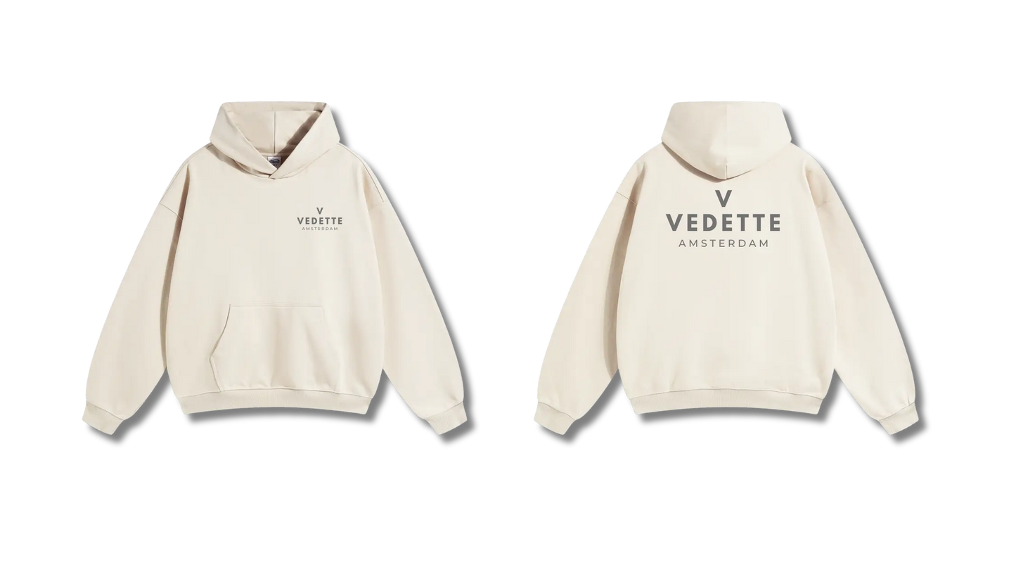 Khaki Hoodie – Gray Logo – Chest + Back – Unisex Premium Fit