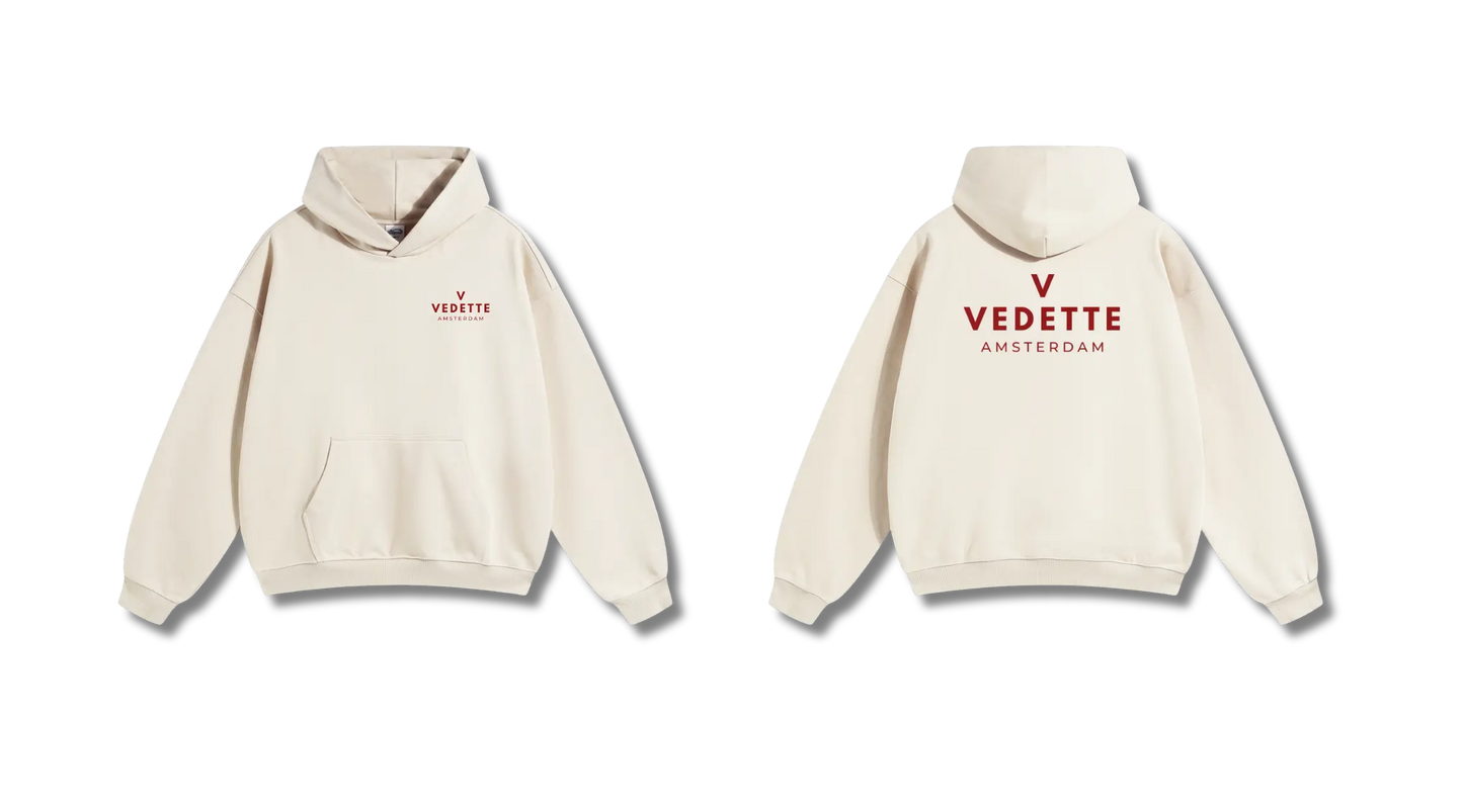 Khaki Hoodie – Red Logo – Chest + Back – Unisex Premium Fit