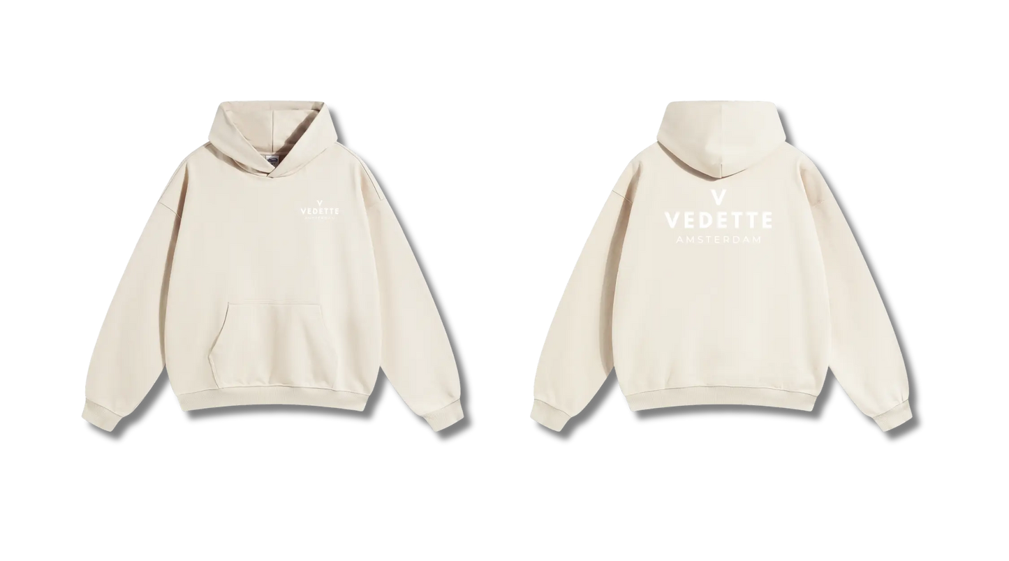 Khaki Hoodie – White Logo – Chest + Back – Unisex Premium Fit