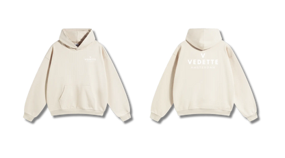Khaki Hoodie – White Logo – Chest + Back – Unisex Premium Fit
