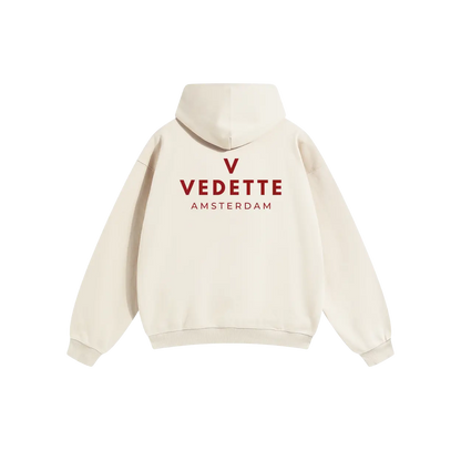 Khaki Hoodie – Red Logo – Chest + Back – Unisex Premium Fit