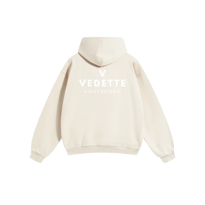 Khaki Hoodie – White Logo – Chest + Back – Unisex Premium Fit