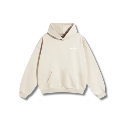 Khaki Hoodie – White Logo – Chest + Back – Unisex Premium Fit