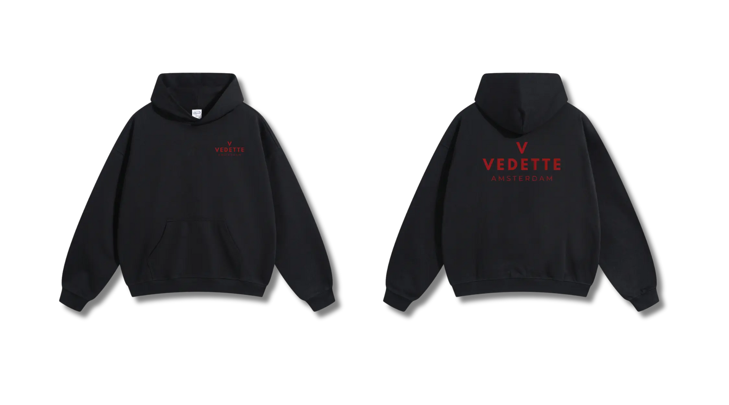 Active Black Hoodie – Red Logo – Chest + Back – Unisex Premium Fit