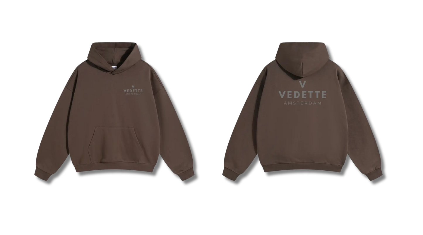 Brown Hoodie – Gray Logo – Chest + Back – Unisex Premium Fit