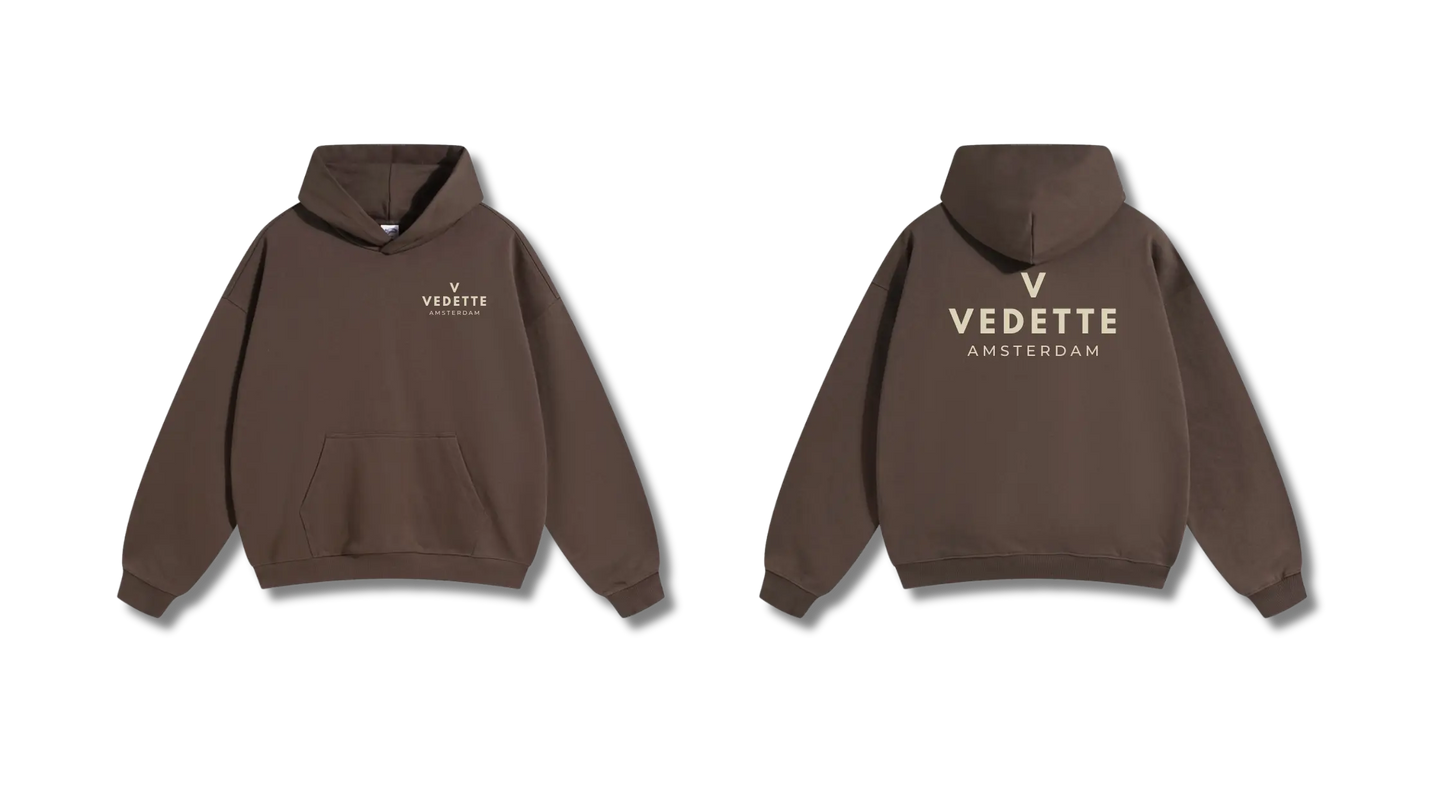Brown Hoodie – Khaki Logo – Chest + Back – Unisex Premium Fit