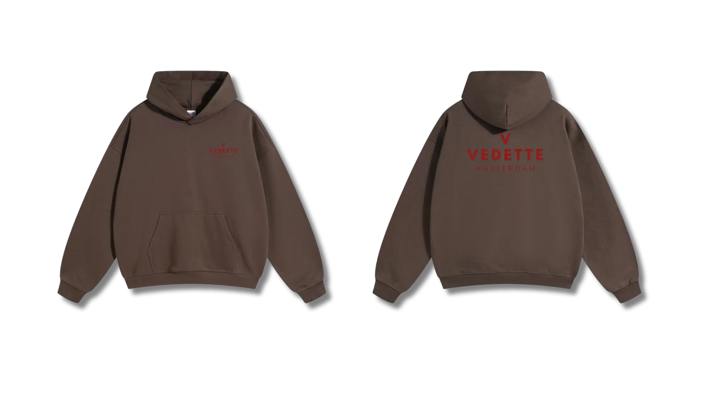 Brown Hoodie – Red Logo – Chest + Back – Unisex Premium Fit