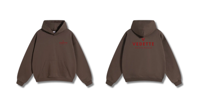 Brown Hoodie – Red Logo – Chest + Back – Unisex Premium Fit