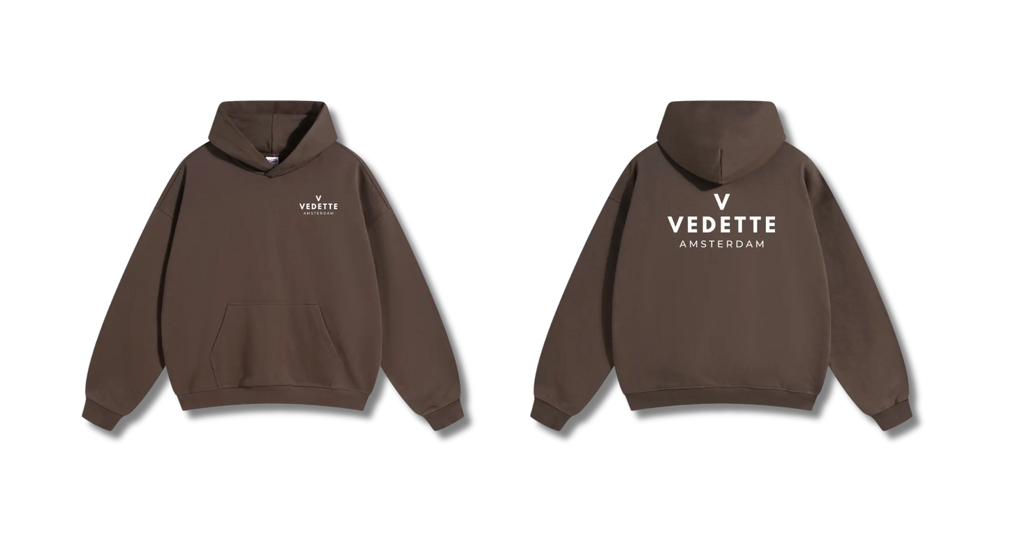 Brown Hoodie – White Logo – Chest + Back – Unisex Premium Fit