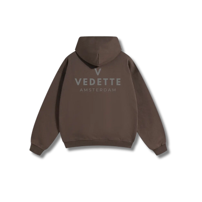Brown Hoodie – Gray Logo – Chest + Back – Unisex Premium Fit