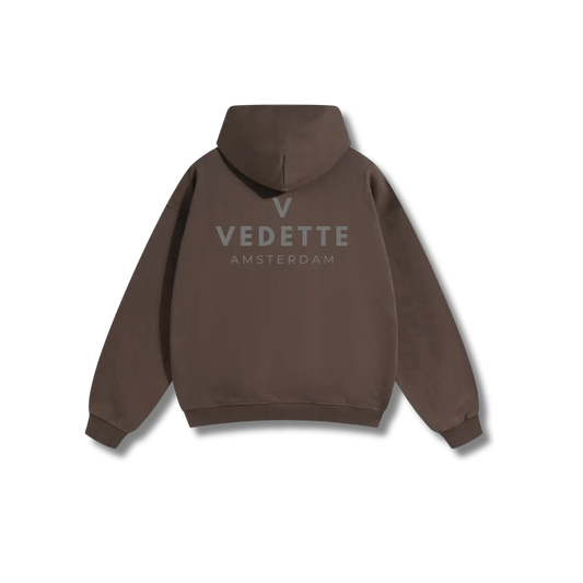 Brown Hoodie – Gray Logo – Chest + Back – Unisex Premium Fit
