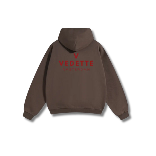 Brown Hoodie – Red Logo – Chest + Back – Unisex Premium Fit