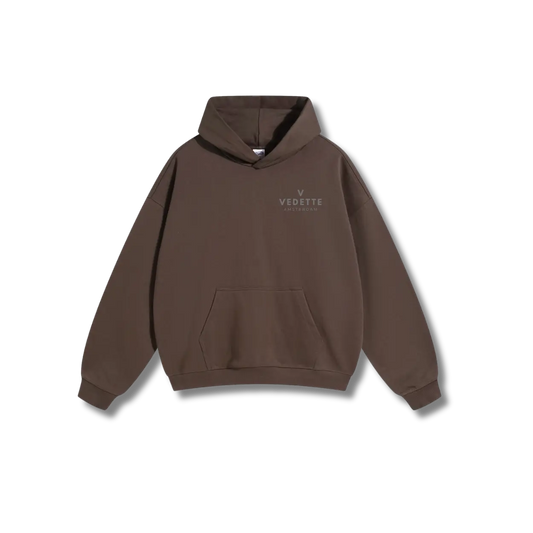 Brown Hoodie – Gray Logo – Chest + Back – Unisex Premium Fit