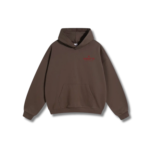 Brown Hoodie – Red Logo – Chest + Back – Unisex Premium Fit