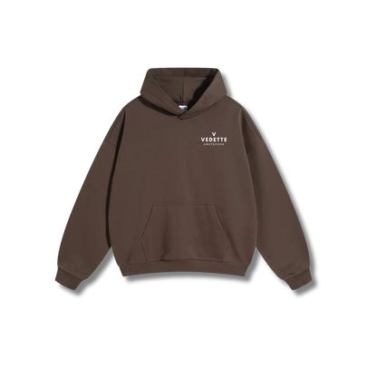 Brown Hoodie – White Logo – Chest + Back – Unisex Premium Fit