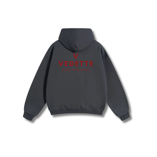 Dark Gray Hoodie – Red Logo – Chest + Back – Unisex Premium Fit