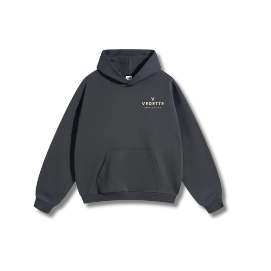 Dark Gray Hoodie – Khaki Logo – Chest + Back – Unisex Premium Fit