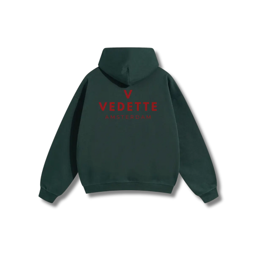 Dark Green Hoodie – Red Logo – Chest + Back – Unisex Premium Fit