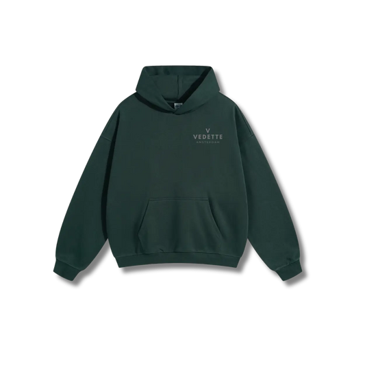 Dark Green Hoodie – Gray Logo – Chest + Back – Unisex Premium Fit