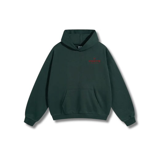 Dark Green Hoodie – Red Logo – Chest + Back – Unisex Premium Fit