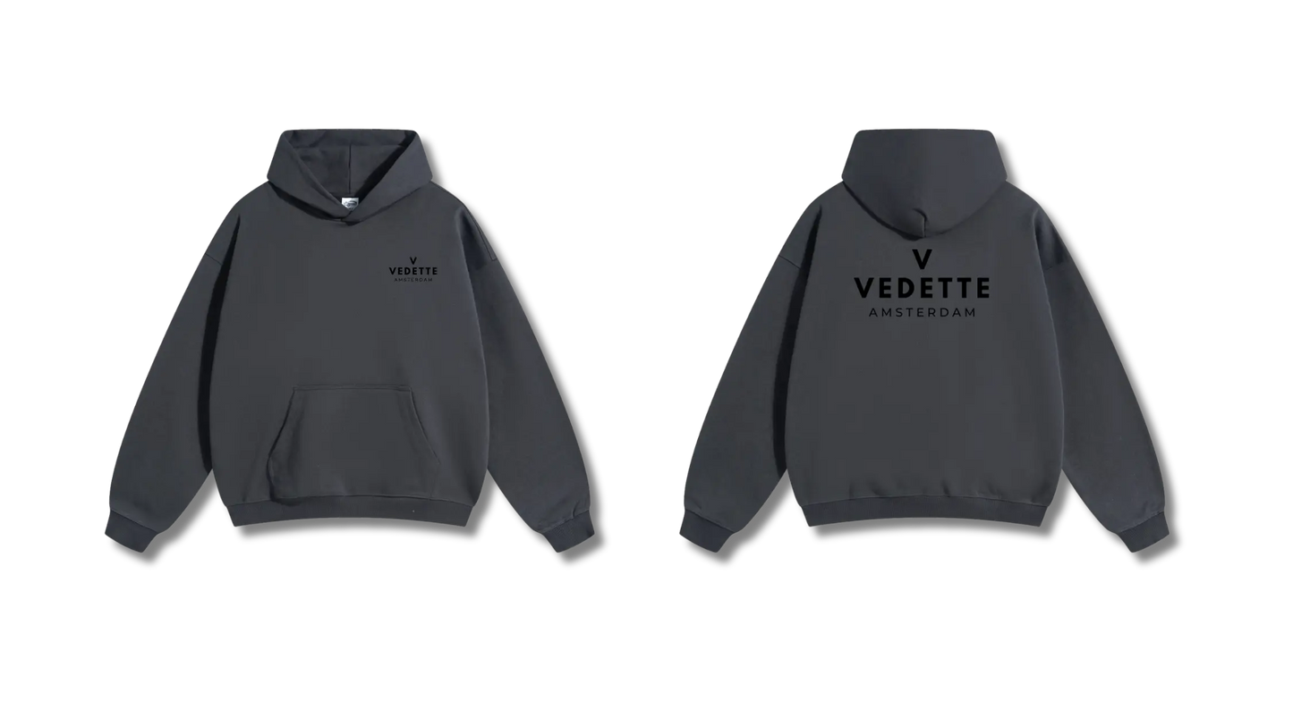 Dark Gray Hoodie – Black Logo – Chest + Back – Unisex Premium Fit
