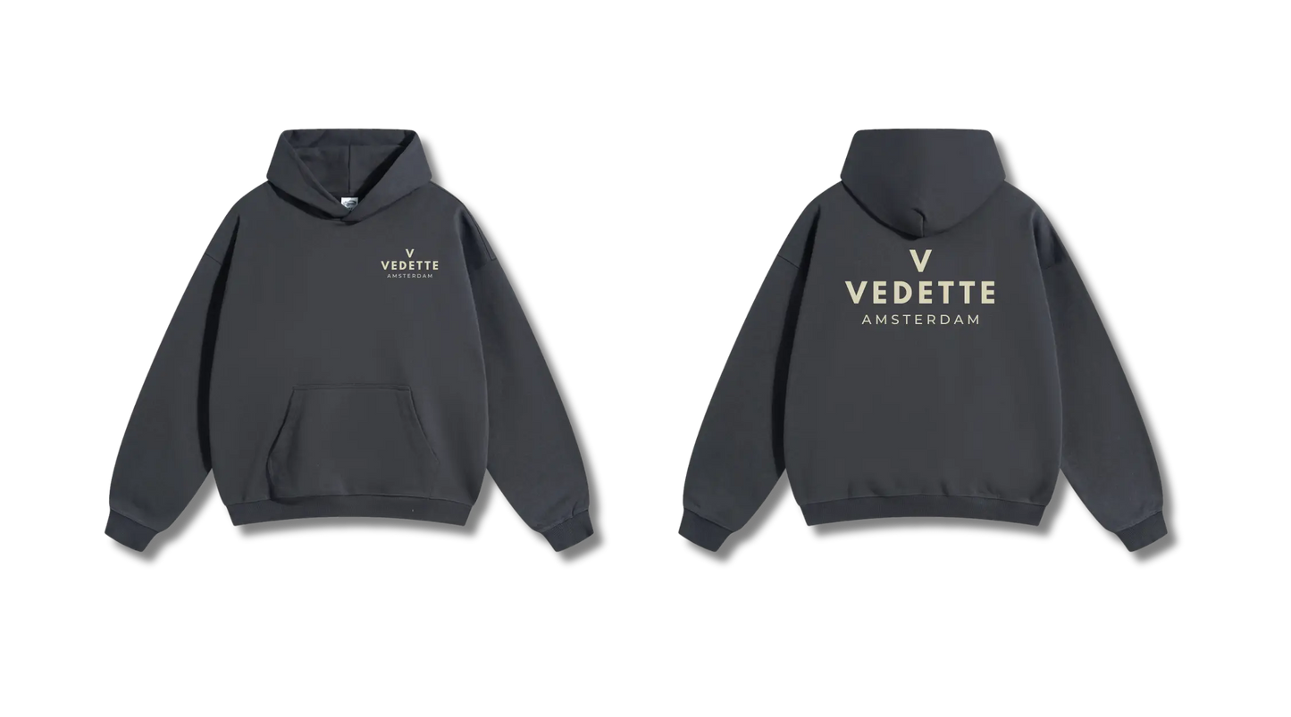 Dark Gray Hoodie – Khaki Logo – Chest + Back – Unisex Premium Fit