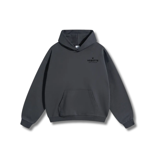 Dark Gray Hoodie – Black Logo – Chest + Back – Unisex Premium Fit