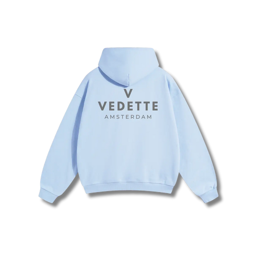 Light Blue Hoodie – Gray Logo – Chest + Back – Unisex Premium Fit