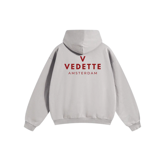 Light Gray Hoodie – Red Logo – Chest + Back – Unisex Premium Fit