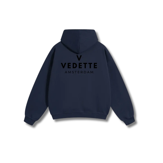 Navy Blue Hoodie – Black Logo – Chest + Back – Unisex Premium Fit