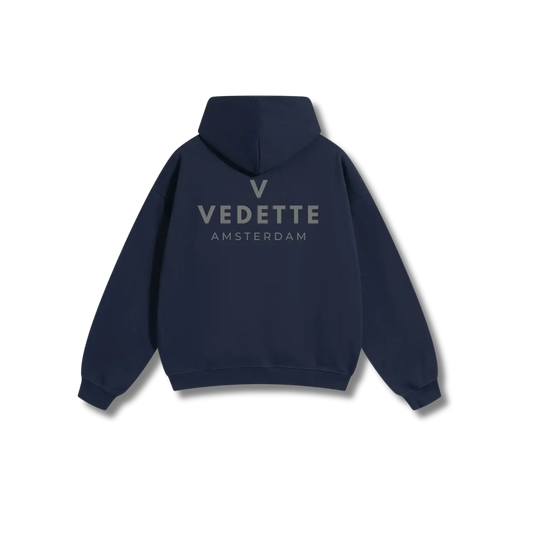 Navy Blue Hoodie – Gray Logo – Chest + Back – Unisex Premium Fit