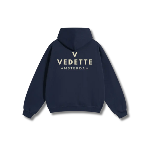 Navy Blue Hoodie – Khaki Logo – Chest + Back – Unisex Premium Fit