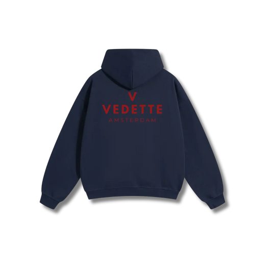 Navy Blue Hoodie – Red Logo – Chest + Back – Unisex Premium Fit