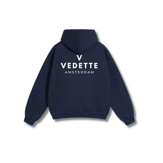 Navy Blue Hoodie – White Logo – Chest + Back – Unisex Premium Fit