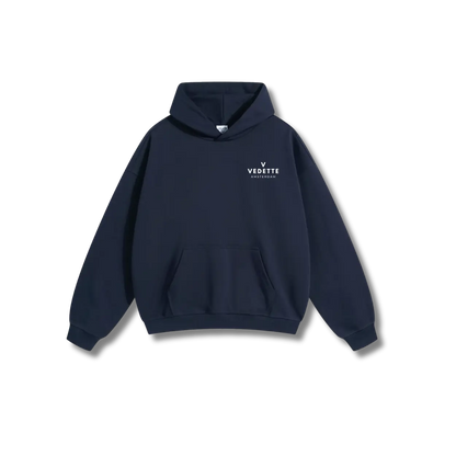 Navy Blue Hoodie – White Logo – Chest Only – Unisex Premium Fit