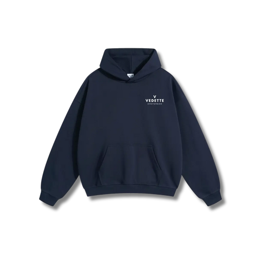Navy Blue Hoodie – White Logo – Chest Only – Unisex Premium Fit