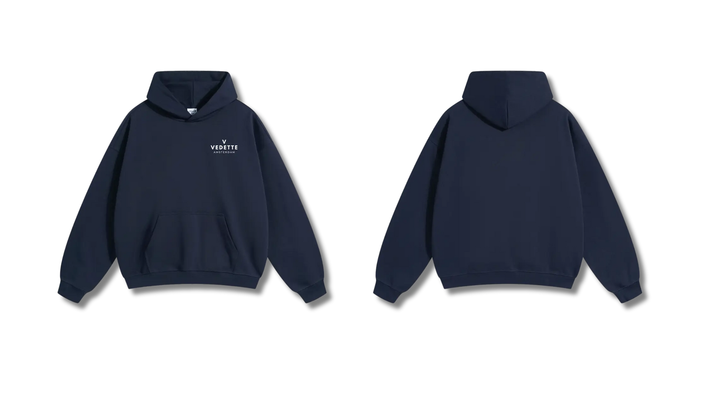 Navy Blue Hoodie – White Logo – Chest Only – Unisex Premium Fit