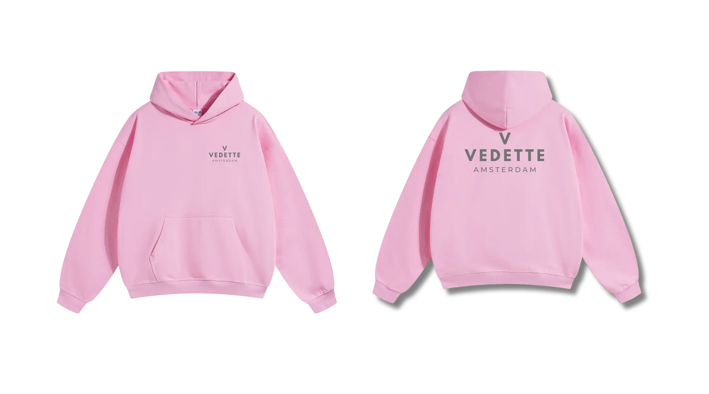 Pink Hoodie – Gray Logo – Chest + Back – Unisex Premium Fit