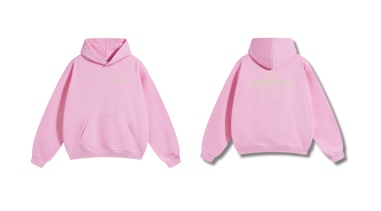 Pink Hoodie – Khaki Logo – Chest + Back – Unisex Premium Fit
