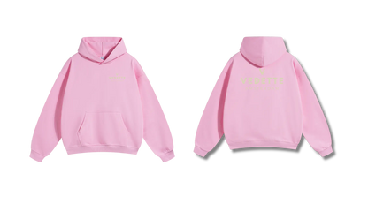 Pink Hoodie – Khaki Logo – Chest + Back – Unisex Premium Fit