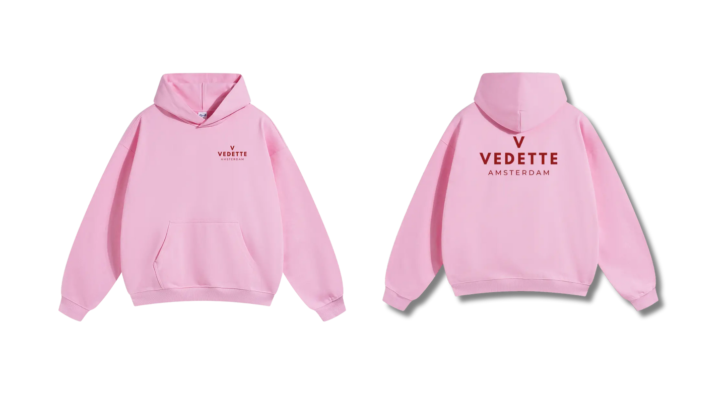 Pink Hoodie – Red Logo – Chest + Back – Unisex Premium Fit