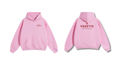 Pink Hoodie – Red Logo – Chest + Back – Unisex Premium Fit