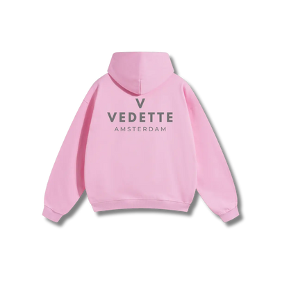 Pink Hoodie – Gray Logo – Chest + Back – Unisex Premium Fit