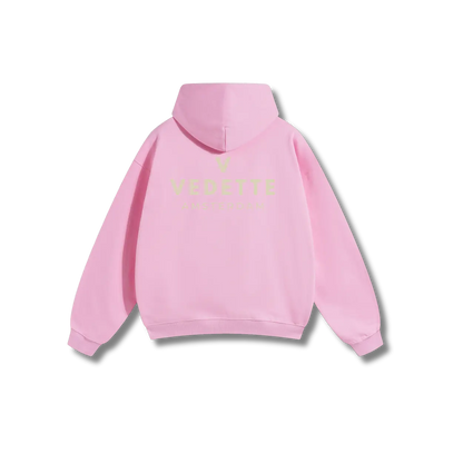 Pink Hoodie – Khaki Logo – Chest + Back – Unisex Premium Fit