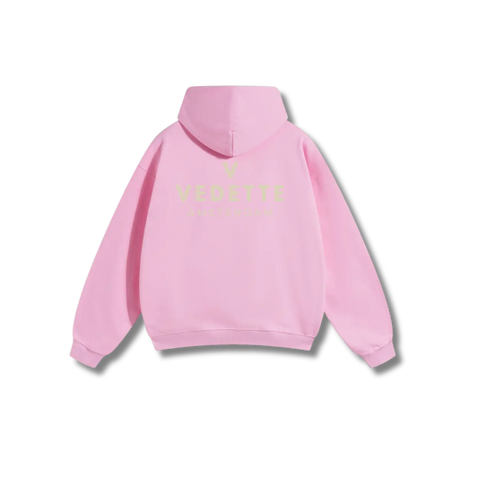 Pink Hoodie – Khaki Logo – Chest + Back – Unisex Premium Fit