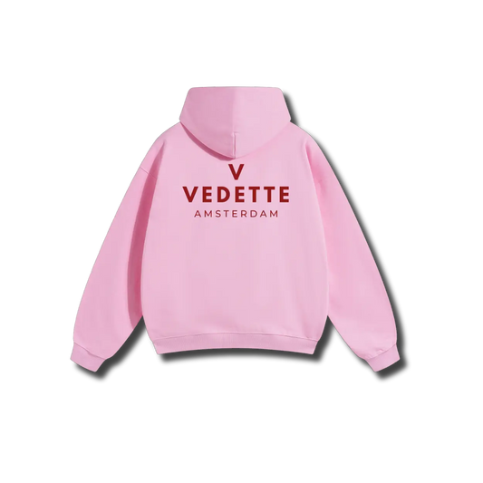 Pink Hoodie – Red Logo – Chest + Back – Unisex Premium Fit