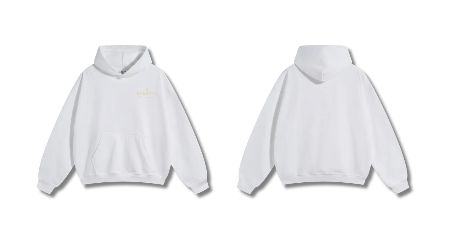 White Hoodie – Khaki Logo – Chest Only – Unisex Premium Fit