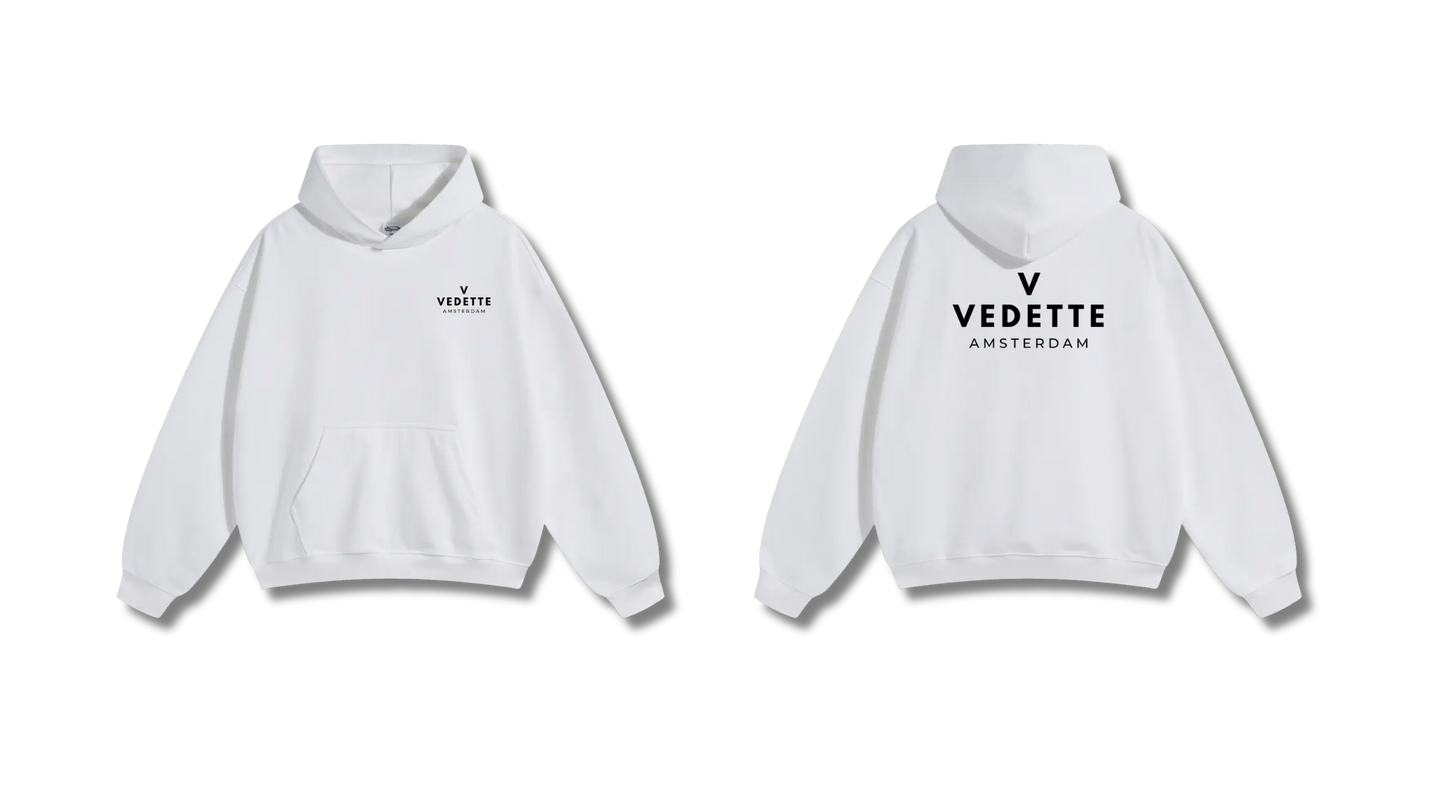 White Hoodie – Black Logo – Chest + Back – Unisex Premium Fit