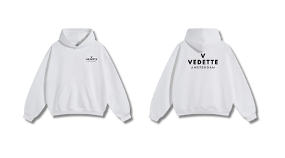 White Hoodie – Black Logo – Chest + Back – Unisex Premium Fit
