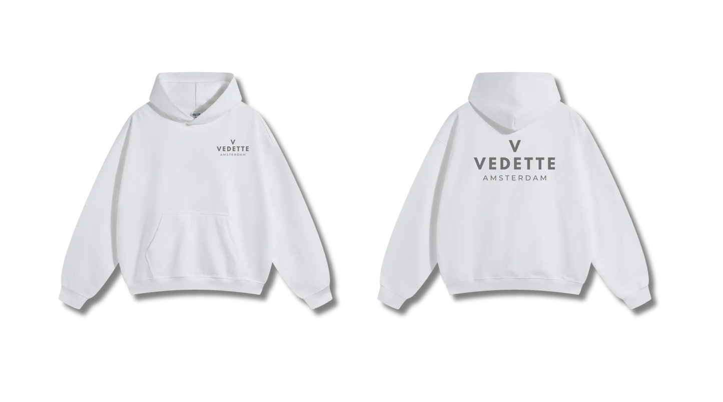 White Hoodie – Gray Logo – Chest + Back – Unisex Premium Fit